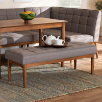 Baxton Studio BBT8051.11-GreyWalnut-Bench Baxton Studio Sanford Mid-Century Modern Grey Fabric Upholstered and Walnut Brown Finished Wood Dining Bench